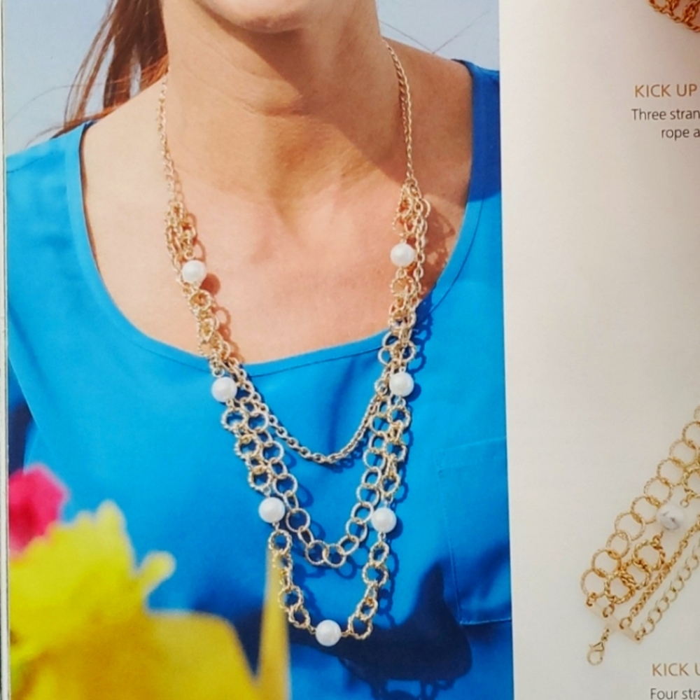 3 strands gold color chain with resin Pearls necklace 24 inches +3 inch extender